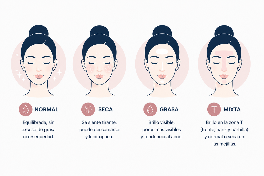 Ilustración de los tipos de piel normal, seca, grasa y mixta con sus principales características.