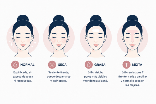 Ilustración de los tipos de piel normal, seca, grasa y mixta con sus principales características.