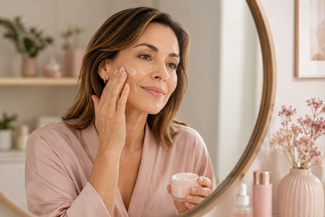 Mujer aplicando crema antiedad en el rostro frente al espejo durante su rutina de skincare