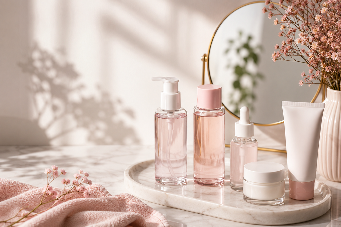 Productos de skincare para una rutina facial sobre una bandeja, con limpiador, sérum, crema y protector solar.