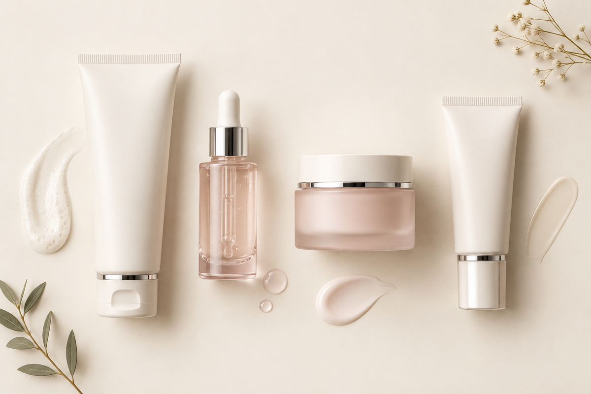 Productos para una rutina de skincare con limpiador, sérum, crema hidratante y protector solar