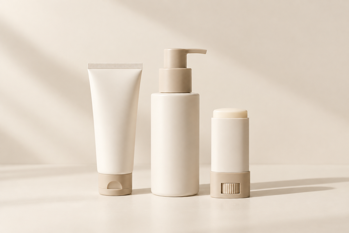 Protectores solares faciales en crema, dispensador y barra sobre fondo claro