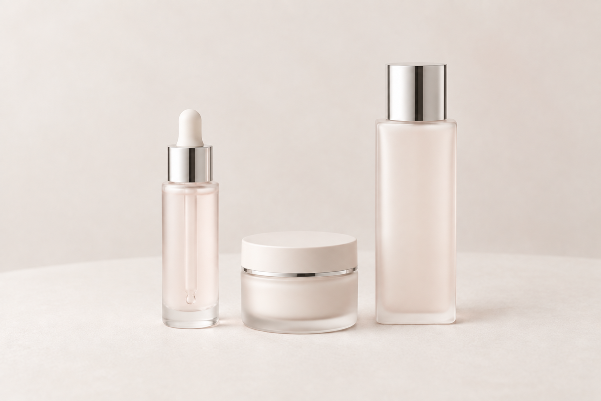 Productos de skincare coreano con sérum, crema facial y esencia en envases minimalistas