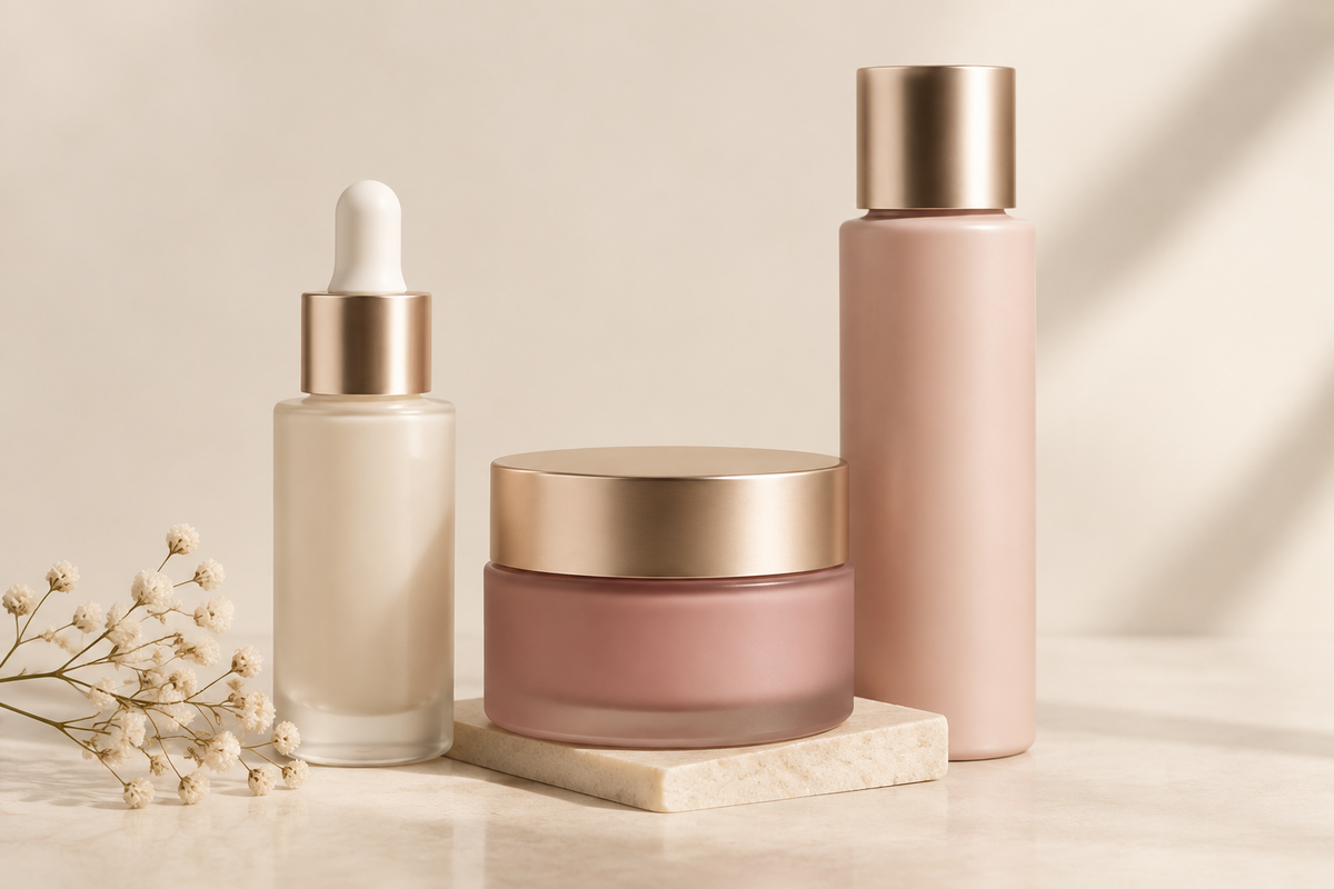 Productos de skincare para renovación y cuidado antiedad con sérum, crema y tratamiento facial