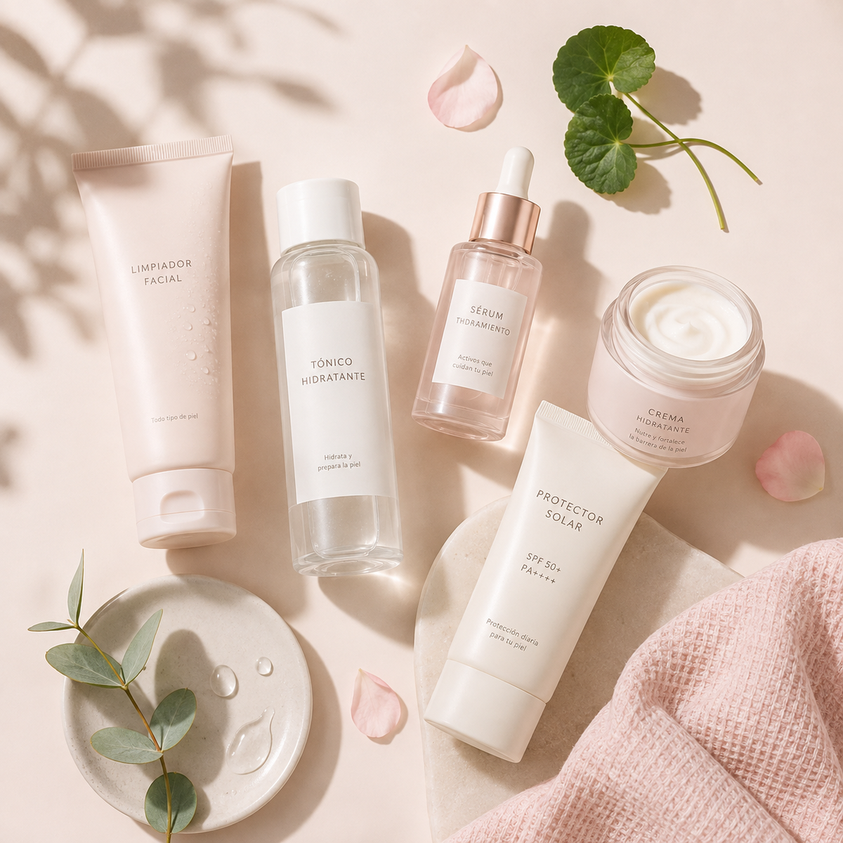 Productos de skincare para rutina de cuidado de la piel