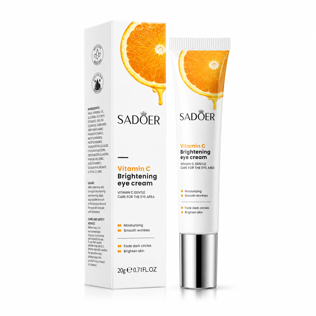 Crema para contorno de ojos SADOER con vitamina C, presentada en tubo blanco con caja sobre fondo blanco.