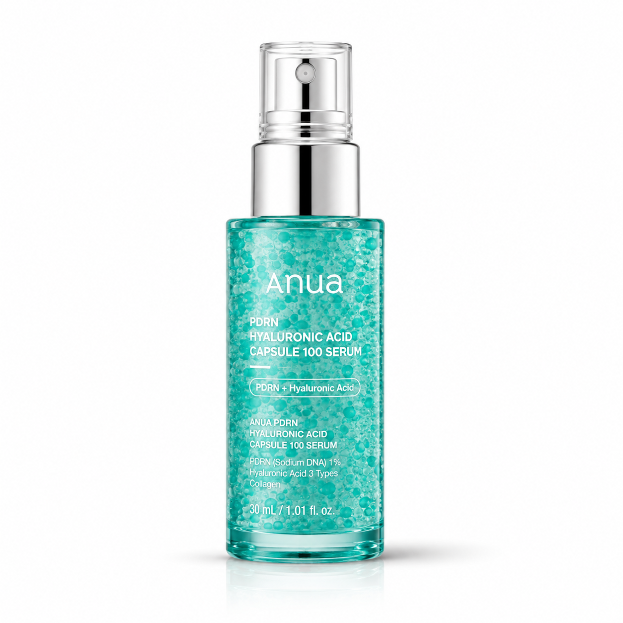 Sérum facial ANUA PDRN con ácido hialurónico en envase turquesa con dispensador, sobre fondo blanco.